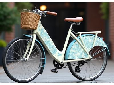 City bike with custom artistic floral pattern stickers on the frame