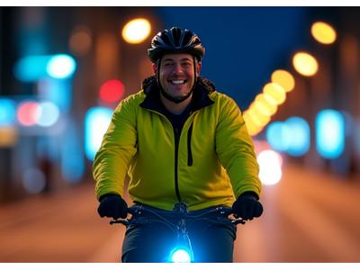 Happy commuter on a bike at night, clearly visible with gear